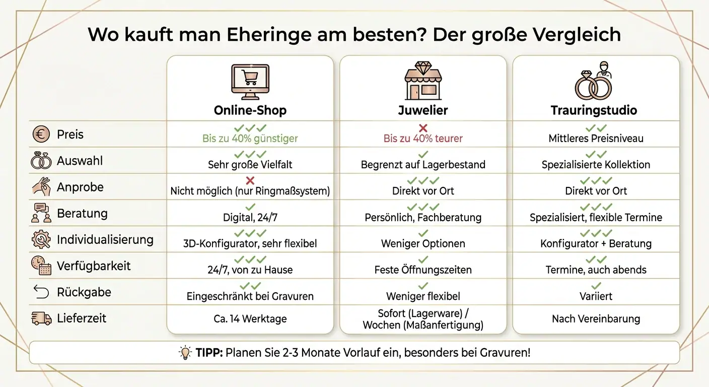 Eheringe kaufen: Vergleich Online-Shop, Juwelier und Trauringstudio